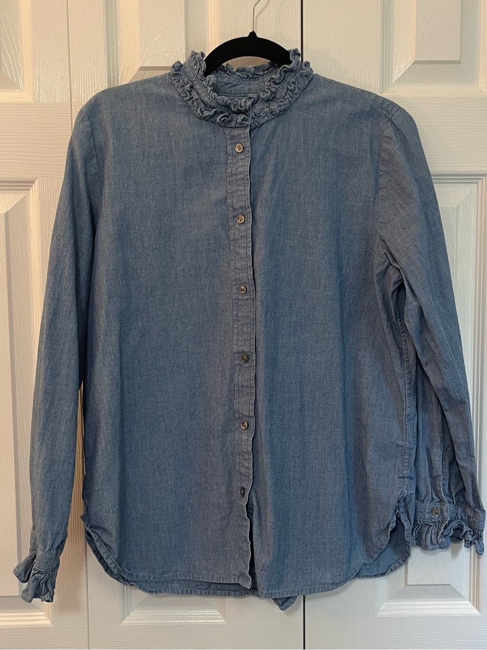 J Crew Denim-Style Ruffle Collar Women’s Shirt - Blue